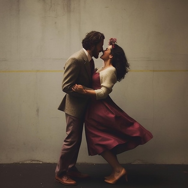 A man and woman are dancing in front of a wall that says love