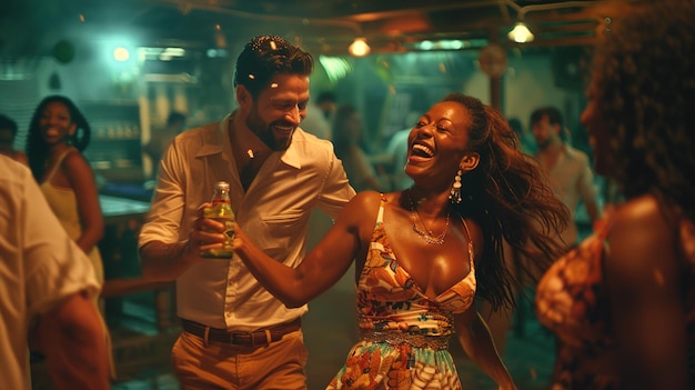 a man and woman are dancing in a party with a woman wearing a dress and a shirt that says  no