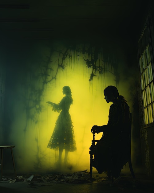 a man and a woman are in a dark room with a wall of splattered with splatters