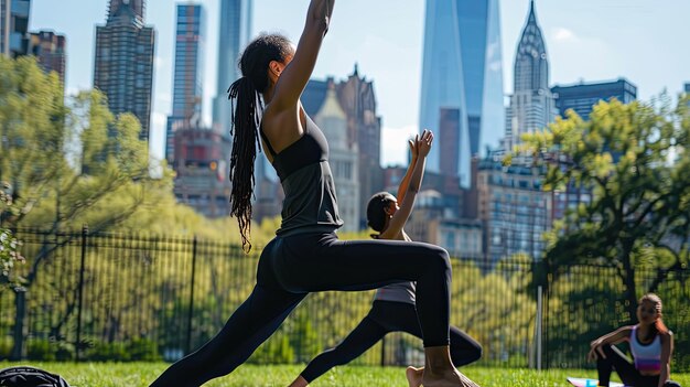 Photo a man and a woman are doing yoga in the park