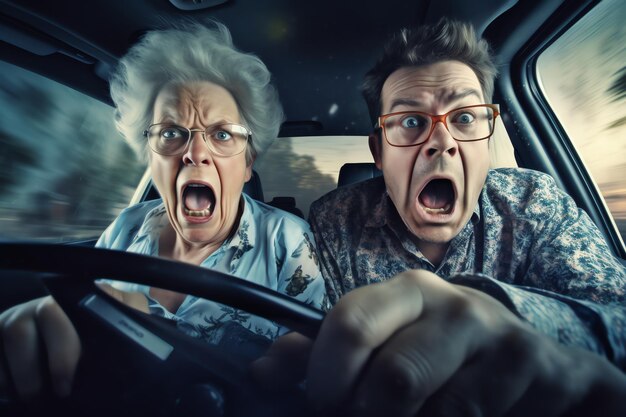 A man and a woman are driving a car with a shocked expression