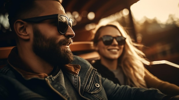 A man and a woman are driving a car with sunglasses on.