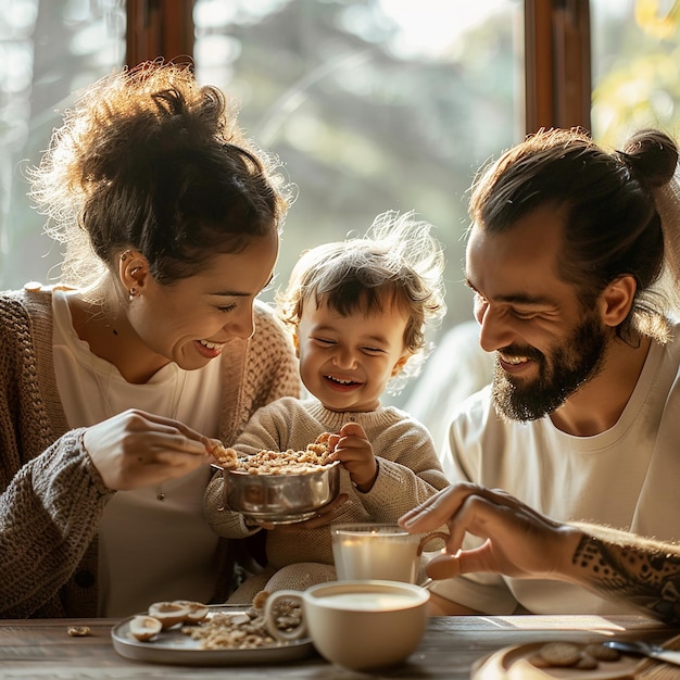 Foto a man and a woman are eating cereal with a toddler