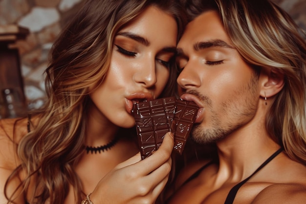 Foto un uomo e una donna stanno mangiando cioccolato insieme.