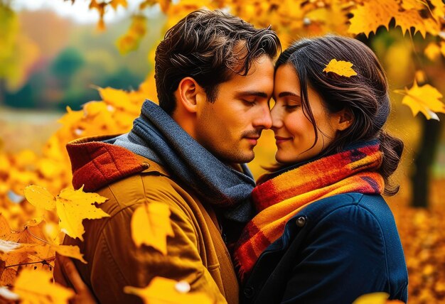 a man and woman are embracing in the fall leaves