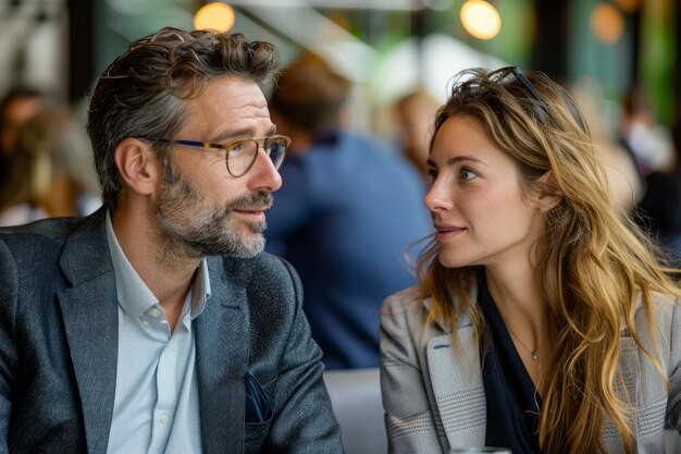 Foto un uomo e una donna stanno conversando in un ristorante.