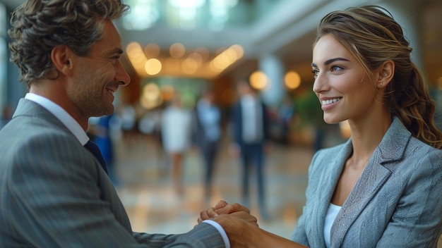 a man and woman are holding hands and looking at each other