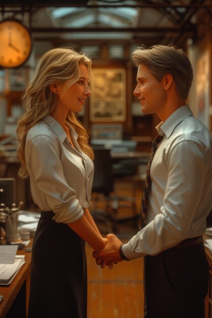 A man and a woman are holding hands in an office