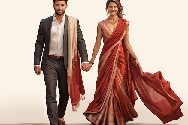 a man and woman are holding hands and walking in a dress.
