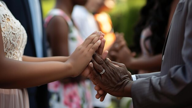 Foto un uomo e una donna si tengono per mano con uno che dice mani