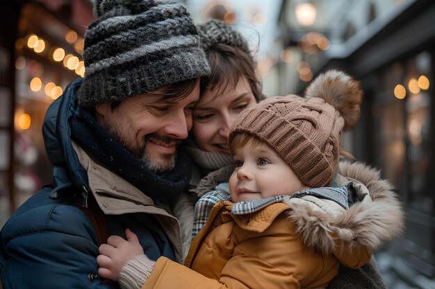 A man and woman are holding a small child in their arms and smiling at the camera while they both