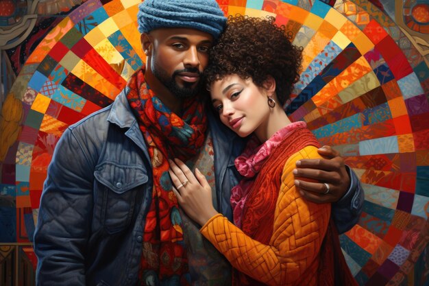 Photo man and woman are hugging in colorful background