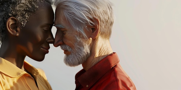 Foto un uomo e una donna si abbracciano, l'uomo indossa una camicia rossa e la donna una camicia gialla, la scena è calda e affettuosa.