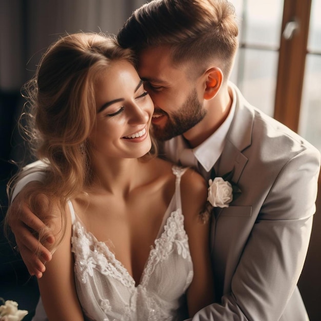 a man and woman are hugging each other and the woman is wearing a white dress