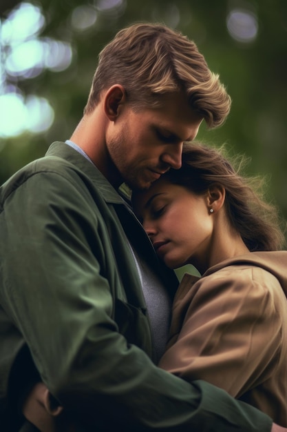 A man and woman are hugging in a forest