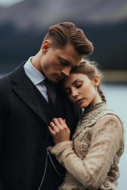 A man and woman are hugging and the man is wearing a suit and tie.