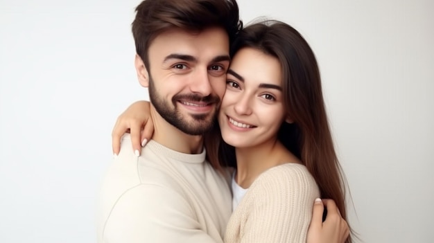 A man and a woman are hugging and smiling.