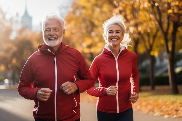 a man and a woman are jogging in the park