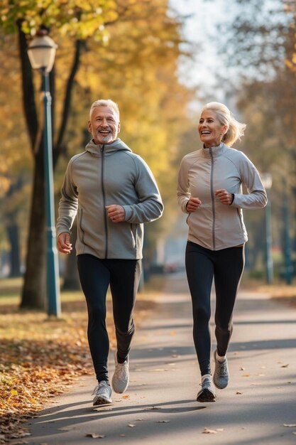 a man and a woman are jogging in the park