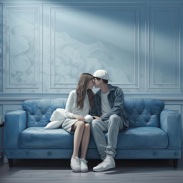 Photo a man and a woman are kissing on a couch