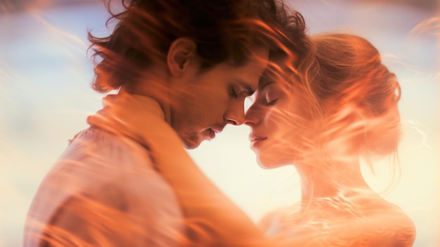 A man and woman are kissing in front of a fire