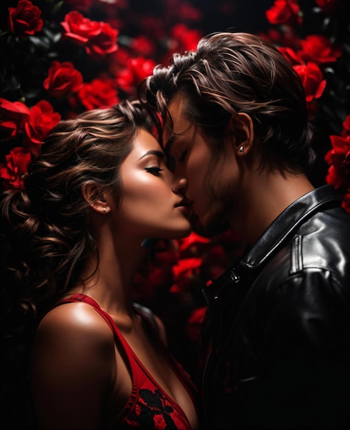 Мужчина и женщина целуются на красном фоне со словами "любовь" на нем.