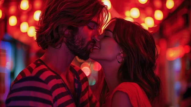 Photo a man and woman are kissing in front of a red light