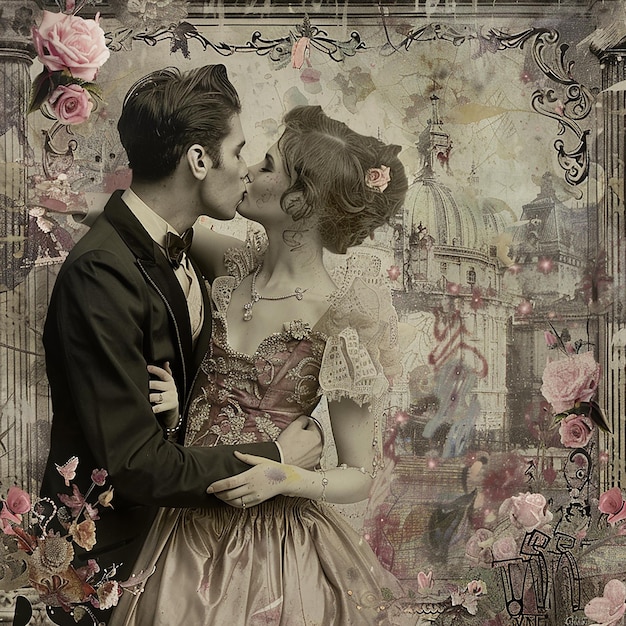 a man and woman are kissing in front of a wall with a woman kissing