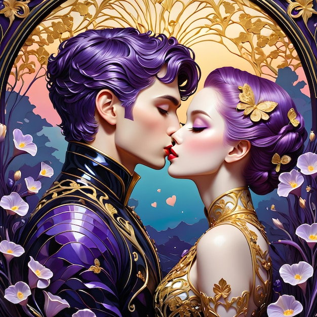 a man and woman are kissing in a gold and purple photo