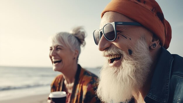 A man and a woman are laughing on the beach