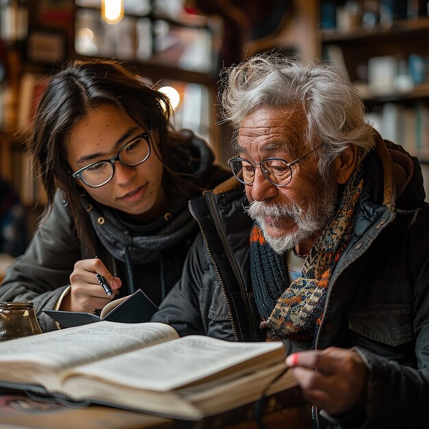 Photo a man and a woman are looking at a book