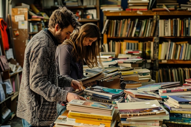 Мужчина и женщина смотрят на книги на столе.