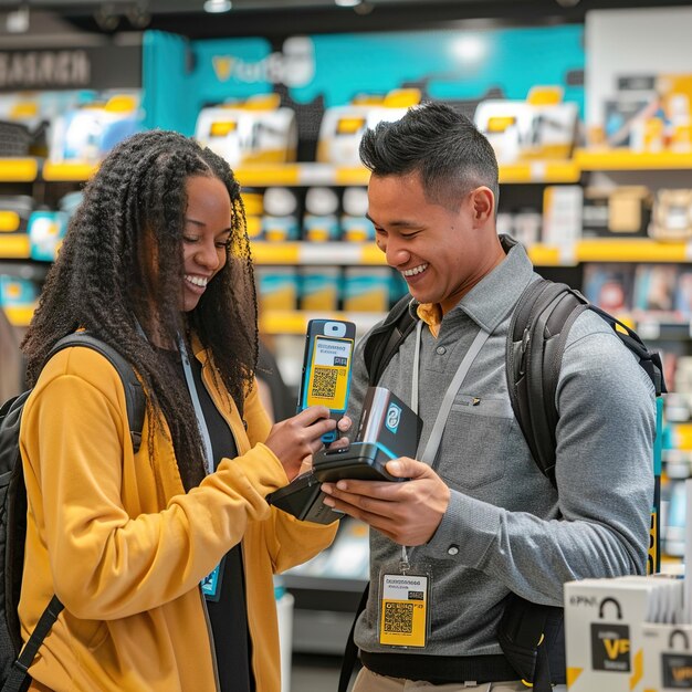 a man and woman are looking at a camera with the word  h  on it