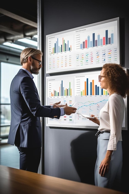 a man and woman are looking at a chart that says  graph