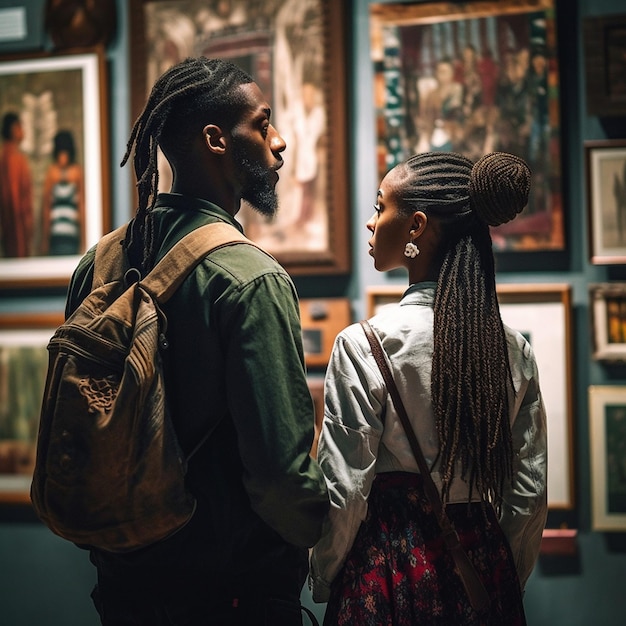 a man and woman are looking at a display of art.