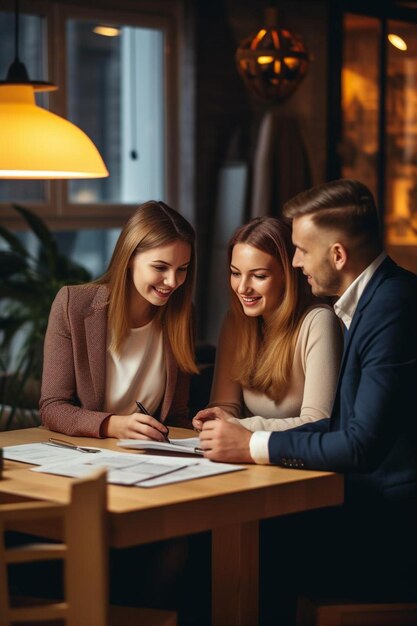 a man and woman are looking at a document that says  to be a business card