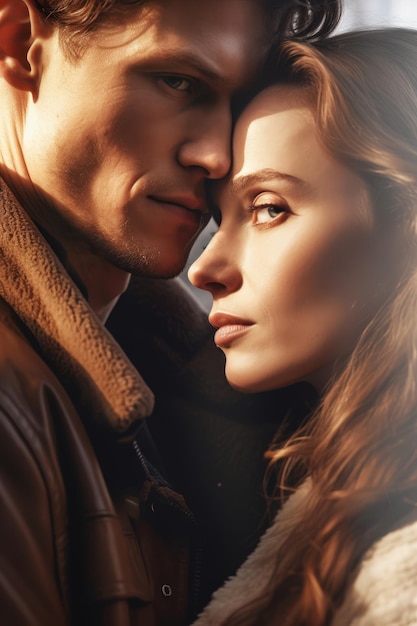 A man and woman are looking at each other, one of them is wearing a brown leather jacket.