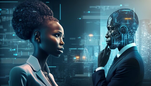 A man and woman are looking at each other, one of them is wearing a suit and the other is wearing a blue suit and the other is wearing a robot head.