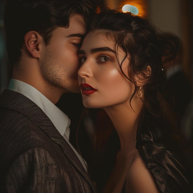 a man and woman are looking at each other and the woman is wearing a suit