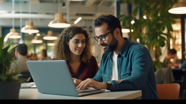 a man and woman are looking at a laptop screen