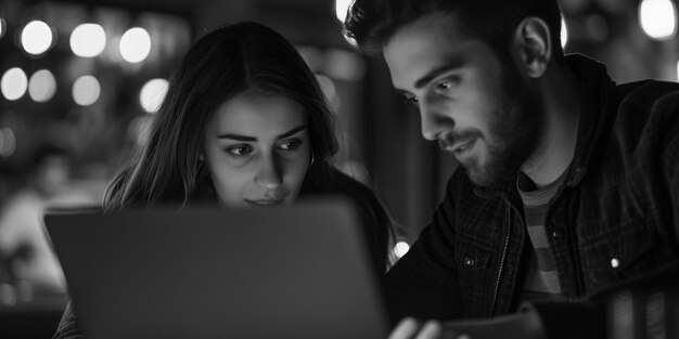 Photo a man and a woman are looking at a laptop together