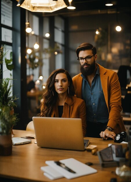 Photo a man and woman are looking at a laptop