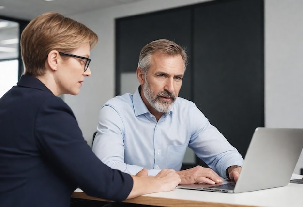 Photo a man and woman are looking at a laptop