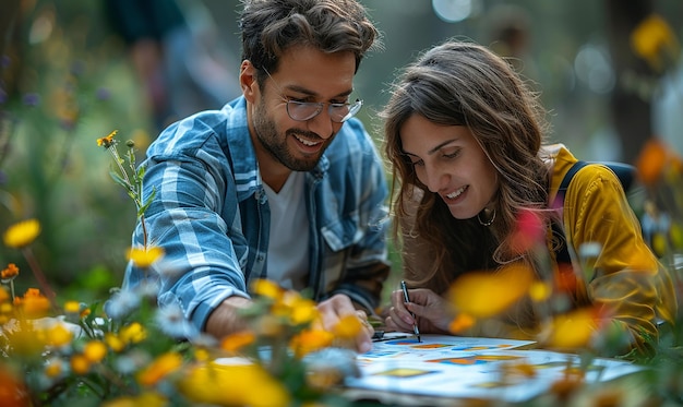 a man and a woman are looking at a map of flowers