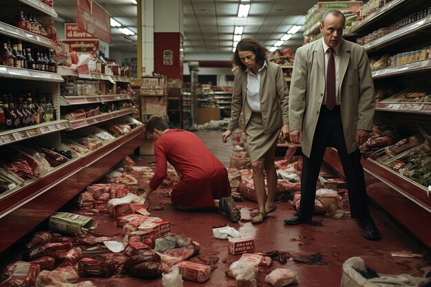 a man and a woman are looking at meat in a store