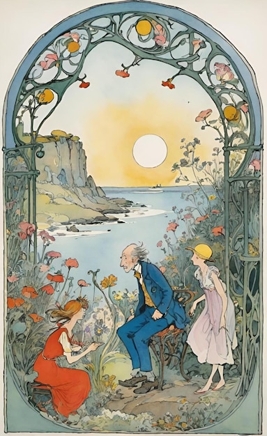 a man and a woman are looking out over a bridge with a view of the ocean and the sun behind them