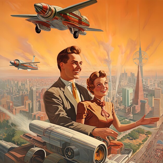 Photo a man and woman are looking at a plane flying over a city