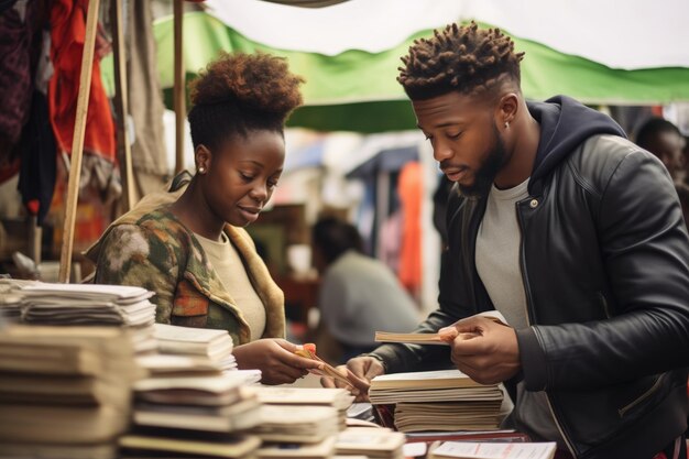 A man and a woman are looking at a stack of books