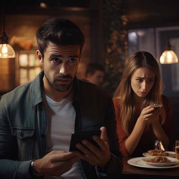 Photo a man and a woman are looking at their cell phones.