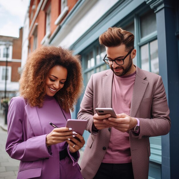 Photo a man and woman are looking at their phones and the woman is holding a phone.